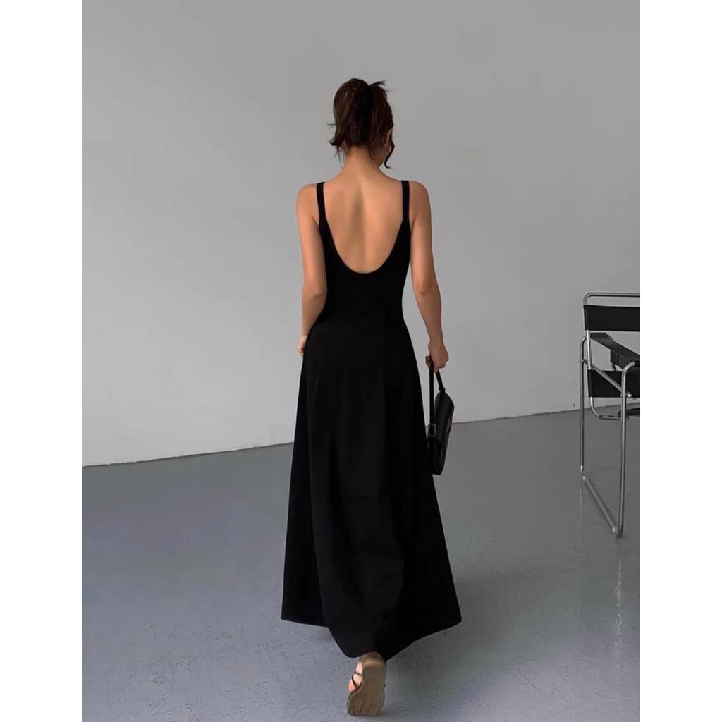 Đầm maxi thun lụa 2 dây hở lưng dáng xòe