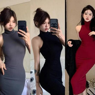 Váy body cổ lọ cộc tay dáng ôm dài