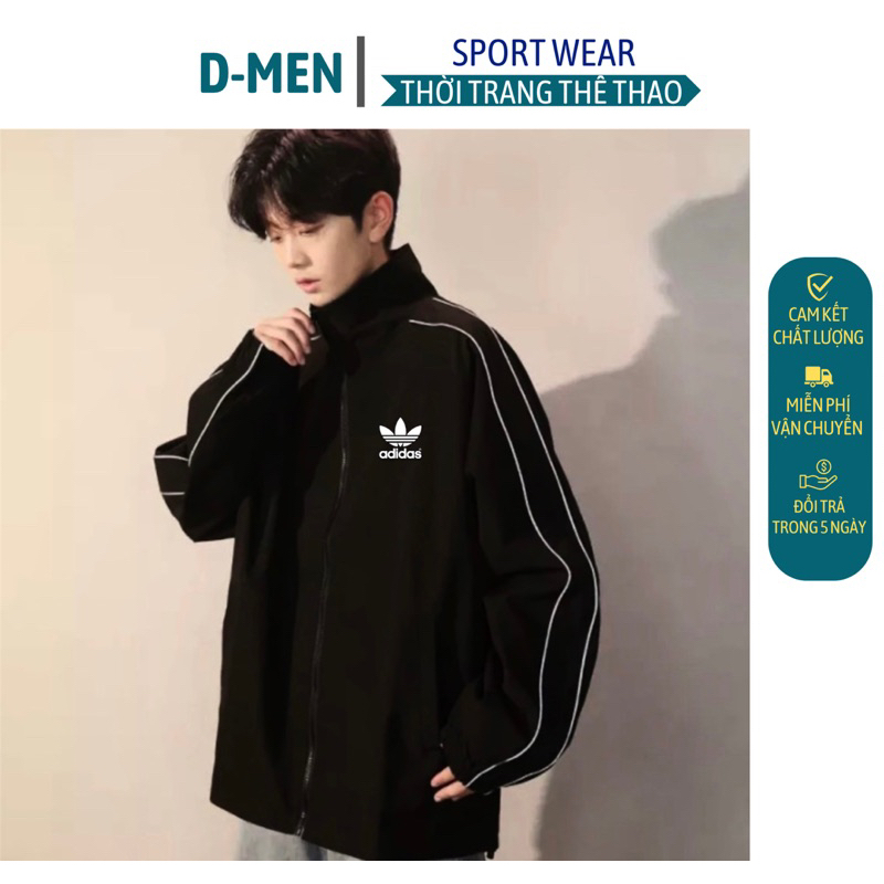 Áo Khoác Thể Thao Nam Nữ Chất Dù 2 Lớp A D I D A S Màu Đen - Áo Khoác Gió Nhẹ Line Xuông, Có Dây Rút - D-MEN FASHION