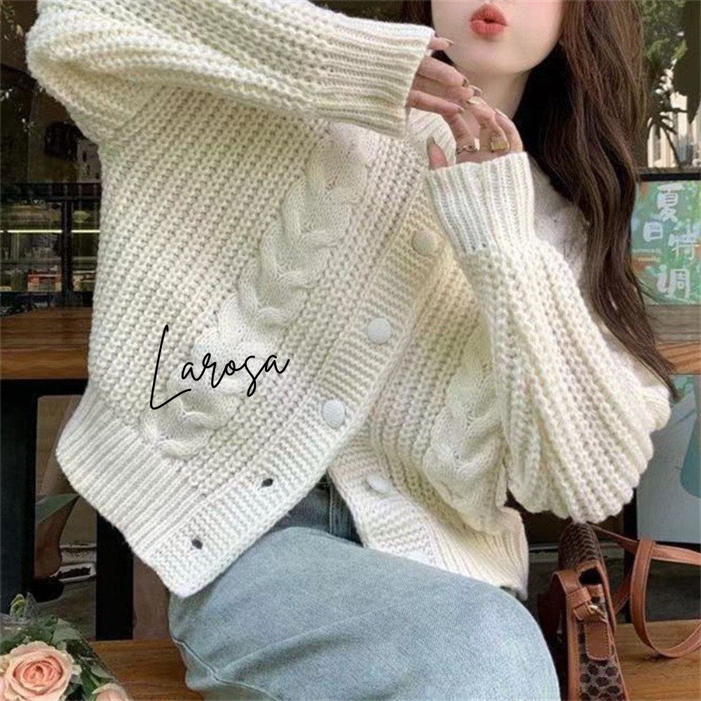 Áo khoác cardigan , áo khoác len cardigan màu trắng màu nâu cổ tròn cúc bọc vải len thừng QCCC loại 1 không xù Larosa