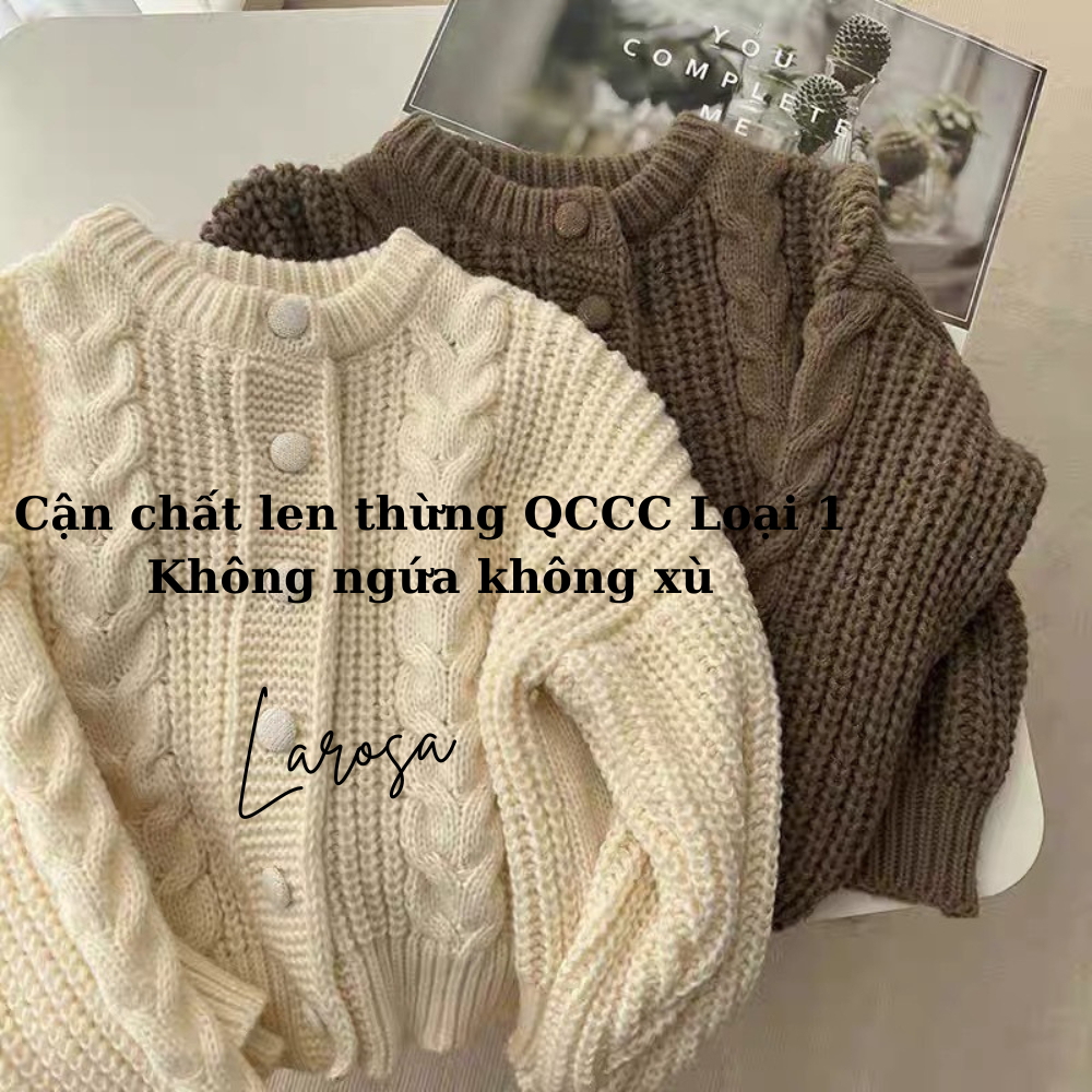 Áo khoác cardigan , áo khoác len cardigan màu trắng màu nâu cổ tròn cúc bọc vải len thừng QCCC loại 1 không xù Larosa