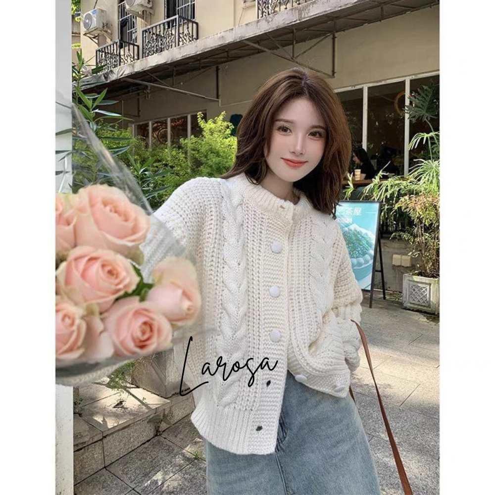 Áo khoác cardigan , áo khoác len cardigan màu trắng màu nâu cổ tròn cúc bọc vải len thừng QCCC loại 1 không xù Larosa