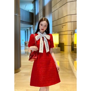 Đầm đỏ xòe gân xước phối cổ cột nơ