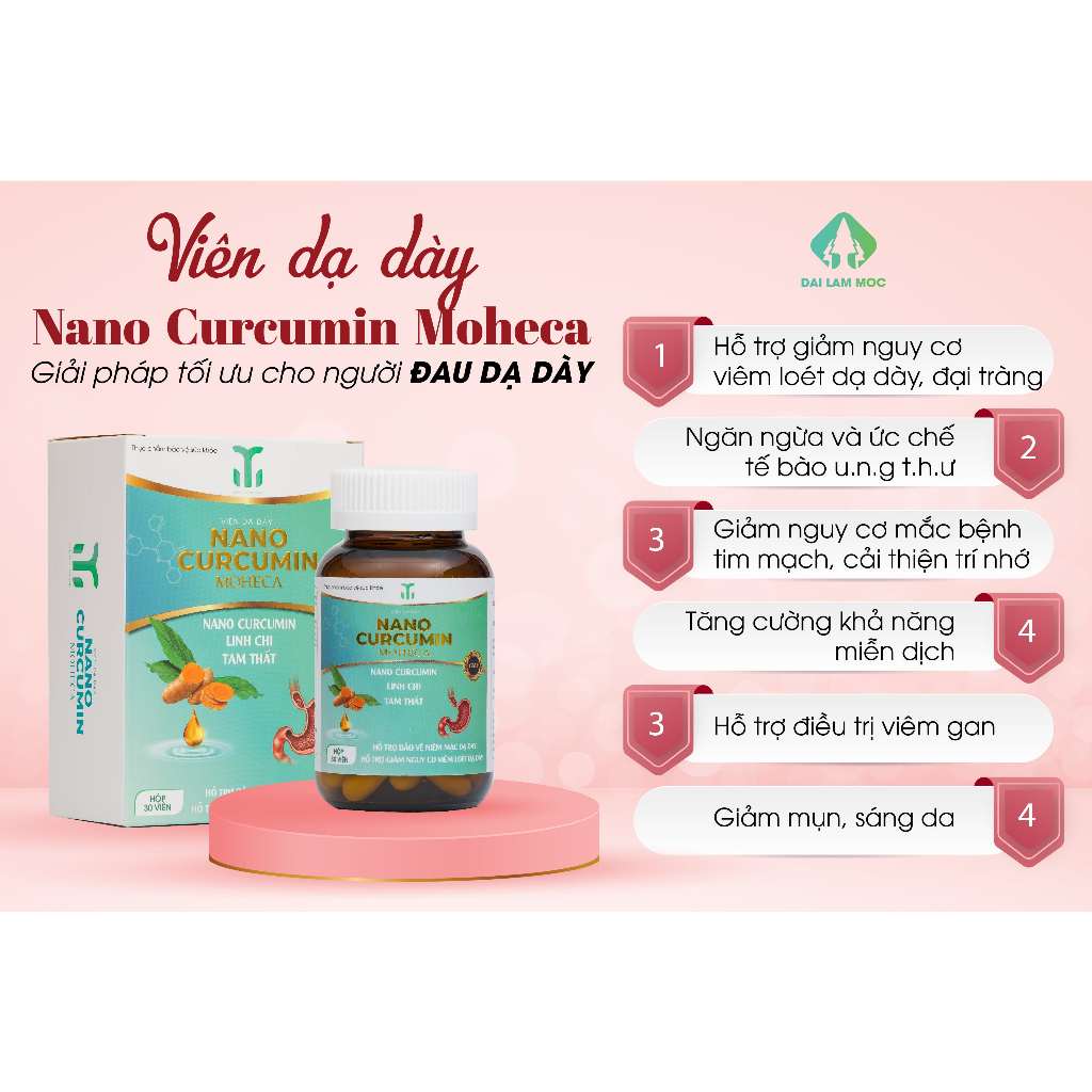 Viên uống tinh chất Nano Curcumin Moheca dành cho người bị viêm loét dạ dày, tá tràng, phụ nữ sau sinh loại hộp 30 viên