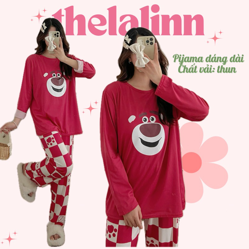 Set bộ thun áo tay dài quần dài gấu dâu lotso form rộng quảng châu cute. Set pijama gấu dâu dáng dài