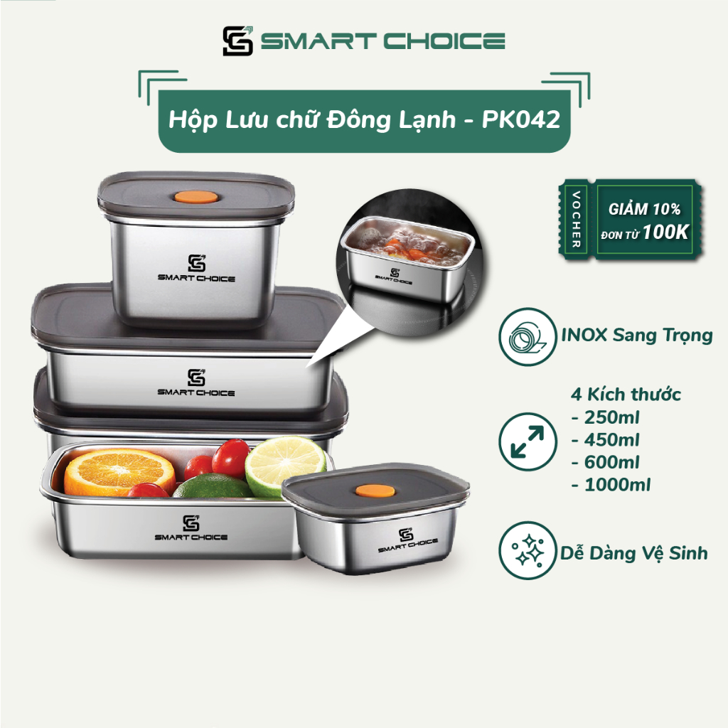 Hộp Đựng Thực Phẩm Tủ Lạnh SmartChoice SCG-PK048 Thép Không Gỉ 304 Đa Năng Cao Cấp Có Nắp Đậy Kín