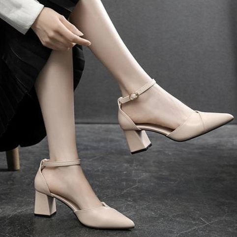 Giày Cao Gót Nữ Mũi Nhọn 5P Màu Đen, Kem TC26