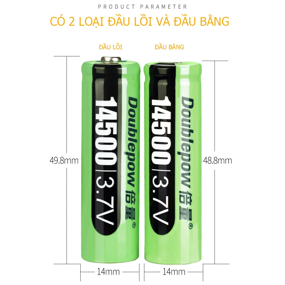 Pin 14500 - 3,7V Doublepow 3150mWh đầu lồi và đầu bằng  - Công suất chuẩn