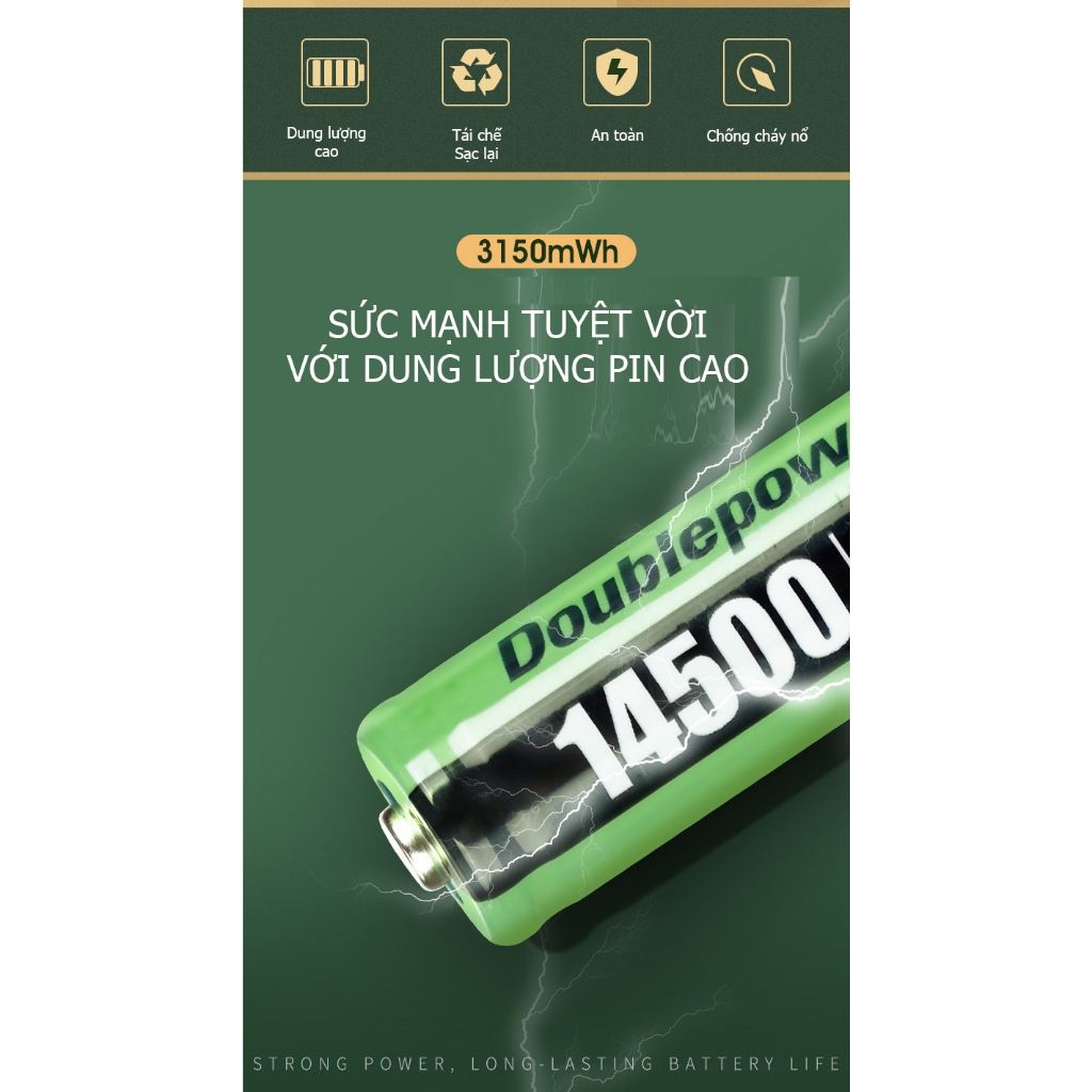 Pin 14500 - 3,7V Doublepow 3150mWh đầu lồi và đầu bằng  - Công suất chuẩn