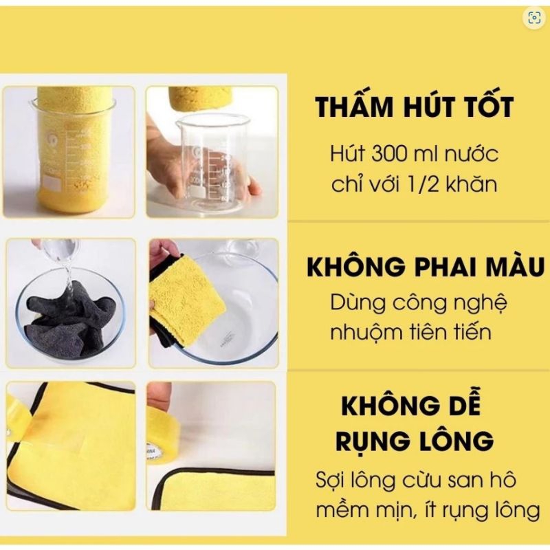 Khăn lau xe hơi chuyên dùng thấm hút cực tốt - Khăn lau kính xe máy chuyên rửa xe, Khăn lau bếp 2 mặt xám vàng dày tốt