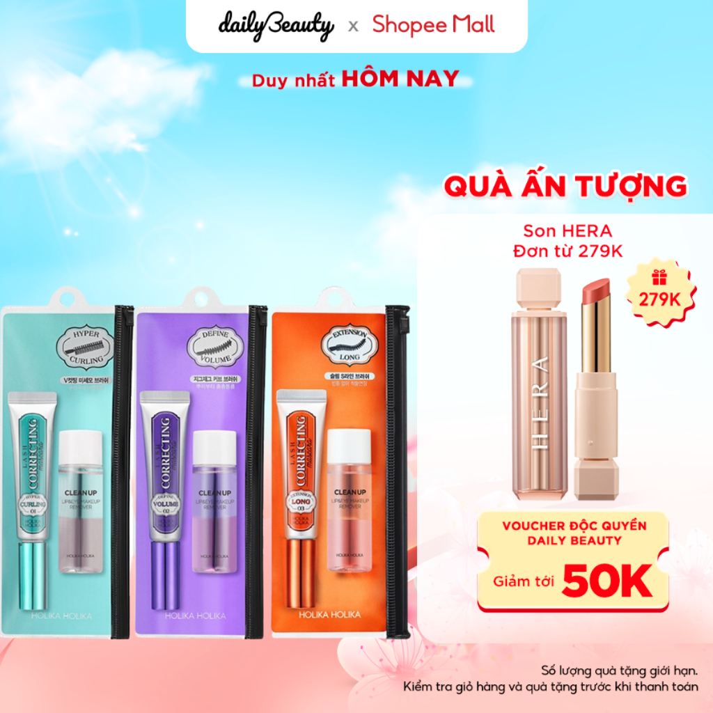 Mascara Cong Mi Chống Nước Lâu Trôi HOLIKA HOLIKA Lash Correcting Mascara 9ml kèm chai tẩy trang 30ml Daily Beauty