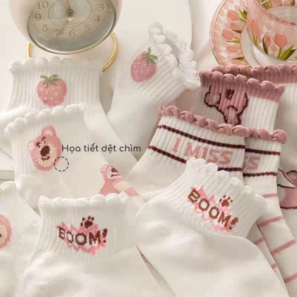 Set 10 đôi tất nữ GẤU DÂU CỔ NHÚN BÈO  đáng yêu, chất liệu cotton Hàn co giãn thoáng khí