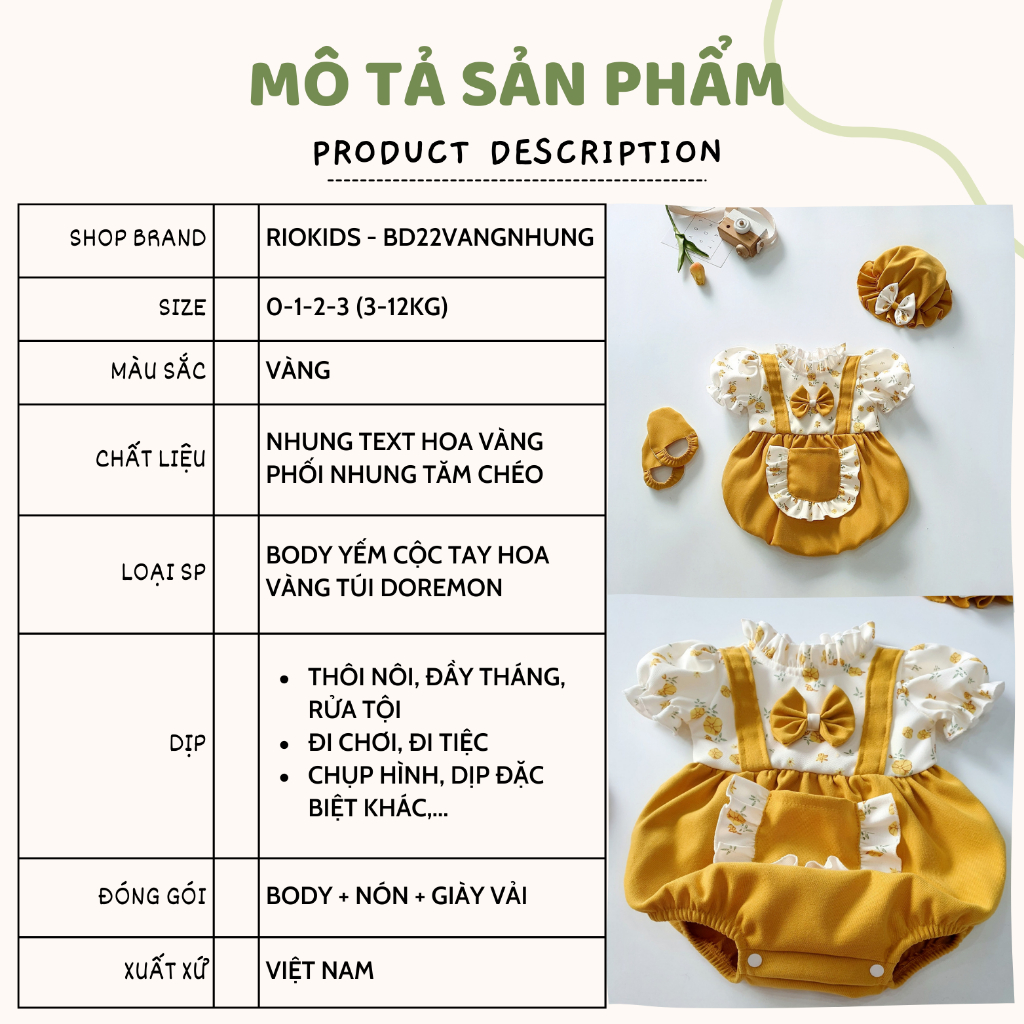 Body yếm cho bé gái sơ sinh RIOKIDS, quần áo đầy tháng thôi nôi, đi chơi, Lễ Tết nhung vàng BD22