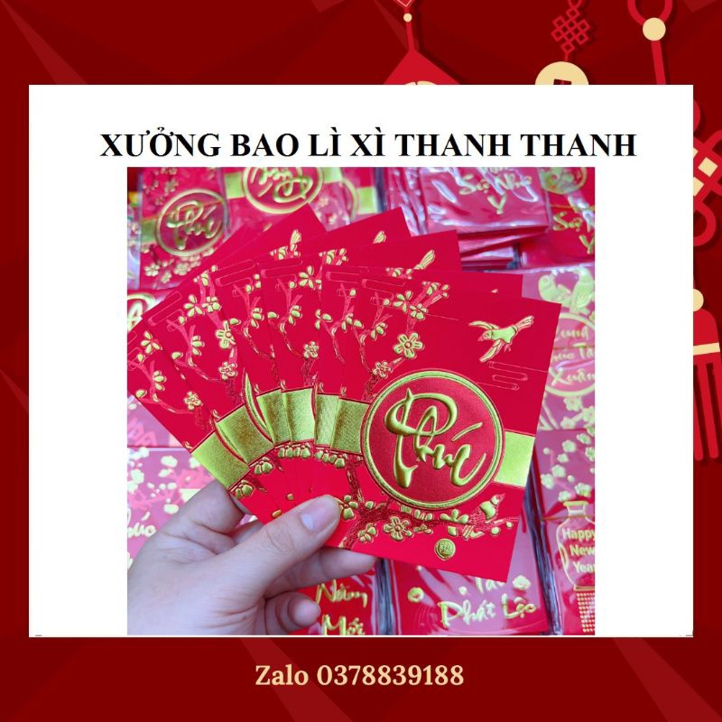 Set 6 bao lì xì Tết giấy đỏ nhũ vàng size trung