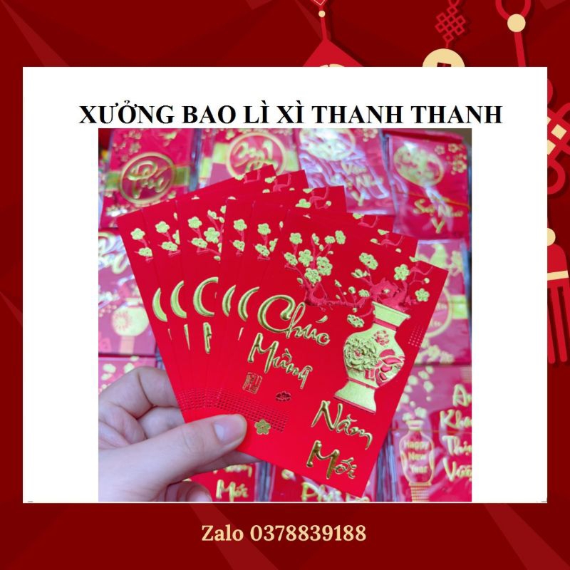 Set 6 bao lì xì Tết giấy đỏ nhũ vàng size trung