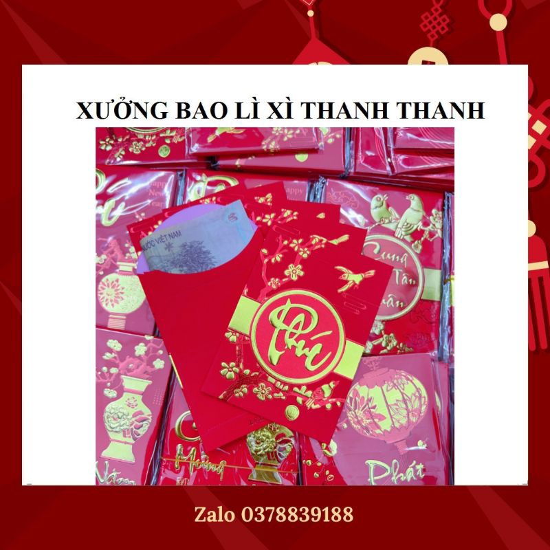 Set 6 bao lì xì Tết giấy đỏ nhũ vàng size trung