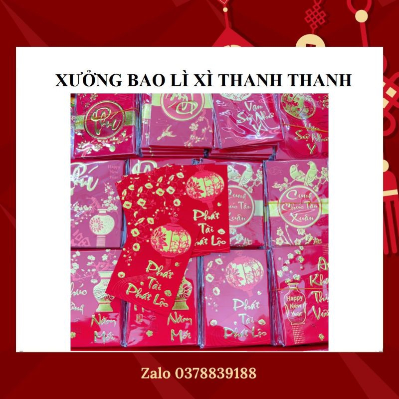 Set 6 bao lì xì Tết giấy đỏ nhũ vàng size trung