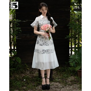 Đầm nữ Twentyfive công sở dự tiệc dáng dài cổ sơ mi phối voan hoa tay xòe SD153