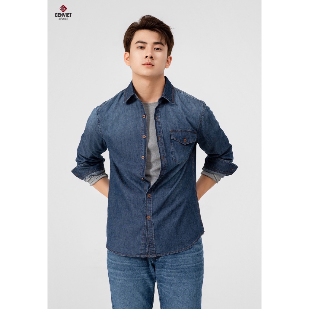 [Mã FATOP12 giảm 30K đơn 150K] Áo Sơ mi Jeans GENVIET dài tay nam suông D3123J8419