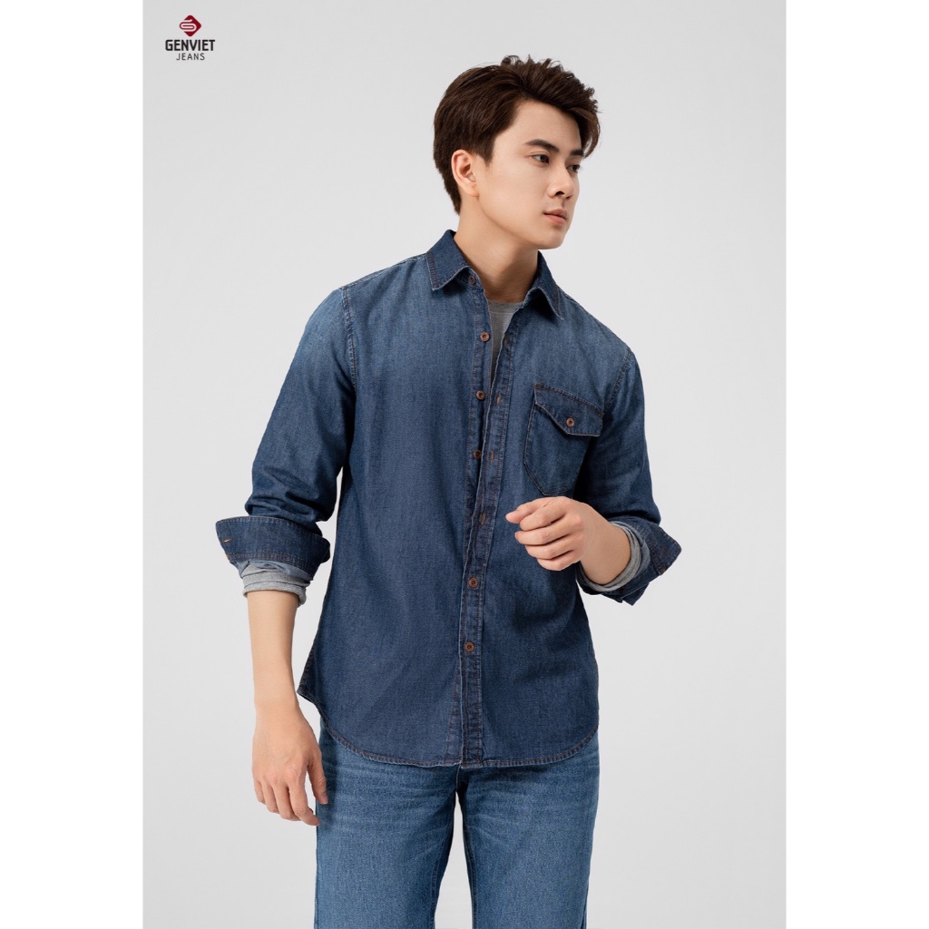 [Mã FATOP12 giảm 30K đơn 150K] Áo Sơ mi Jeans GENVIET dài tay nam suông D3123J8419