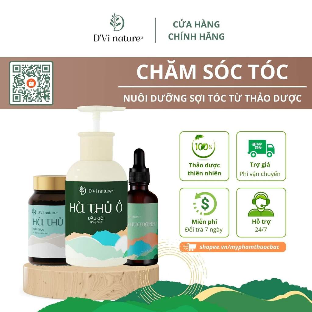 Combo chăm sóc tóc D'Vi nature nuôi dưỡng sợi tóc từ sâu bên trong, hỗ trợ đen tóc, mọc tóc từ thảo dược DVi nature