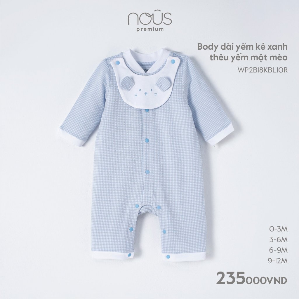 Set body yếm Nous kẻ phối màu sắc thêu họa tiết cao cấp dành cho bé trai, bé gái từ 0-3 tháng đến 9-12 tháng