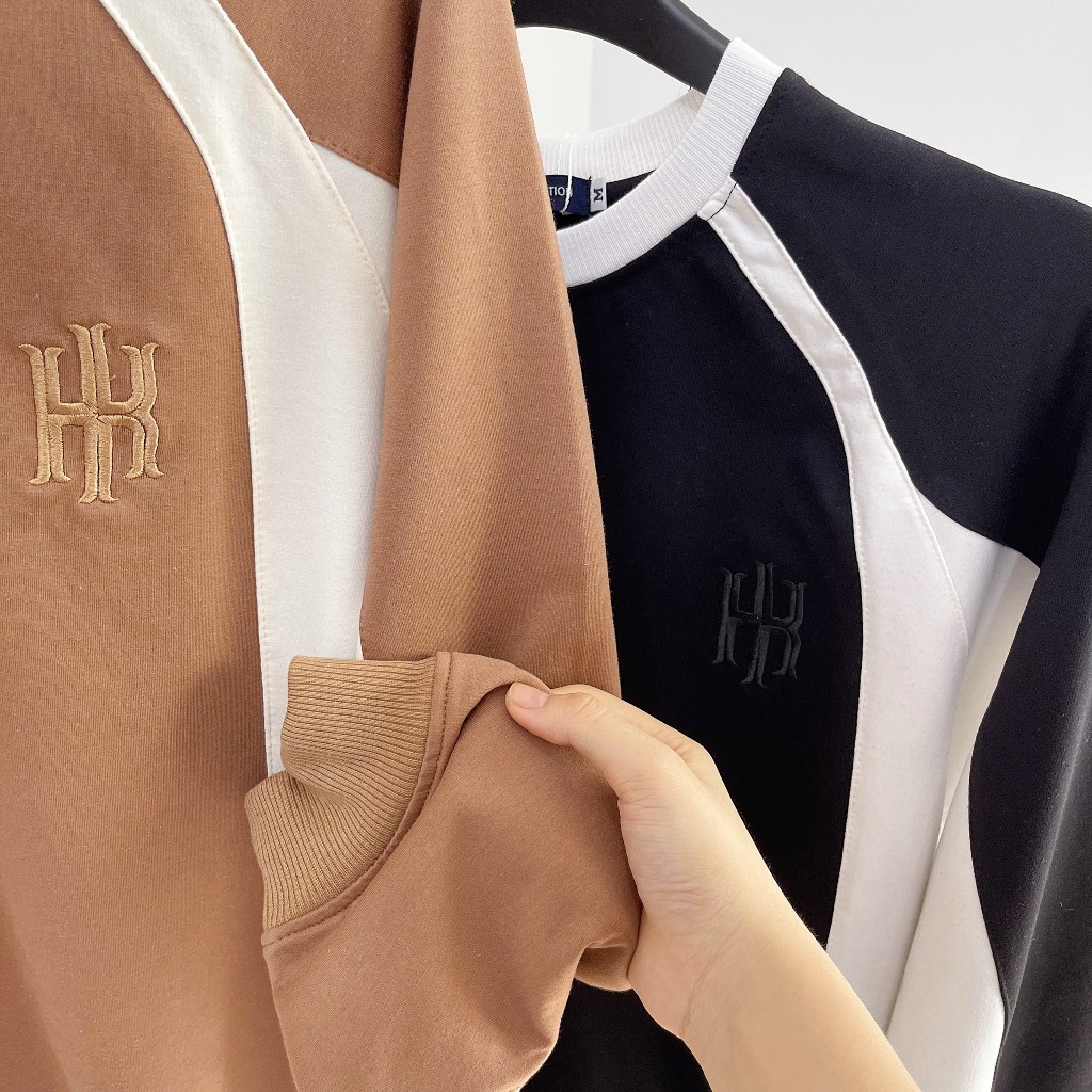 Áo sweater, áo nỉ thu đông dài tay phối sườn, ngực thêu họa tiết NY, form rộng chất vải nỉ da cá giữ ấm tốt