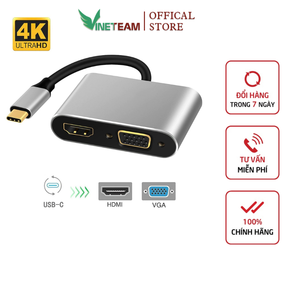 Bộ Cáp Chuyển Đổi Vinetteam Type-c Sang HDMI VGA Hỗ Trợ Chất Lượng Cao 4K