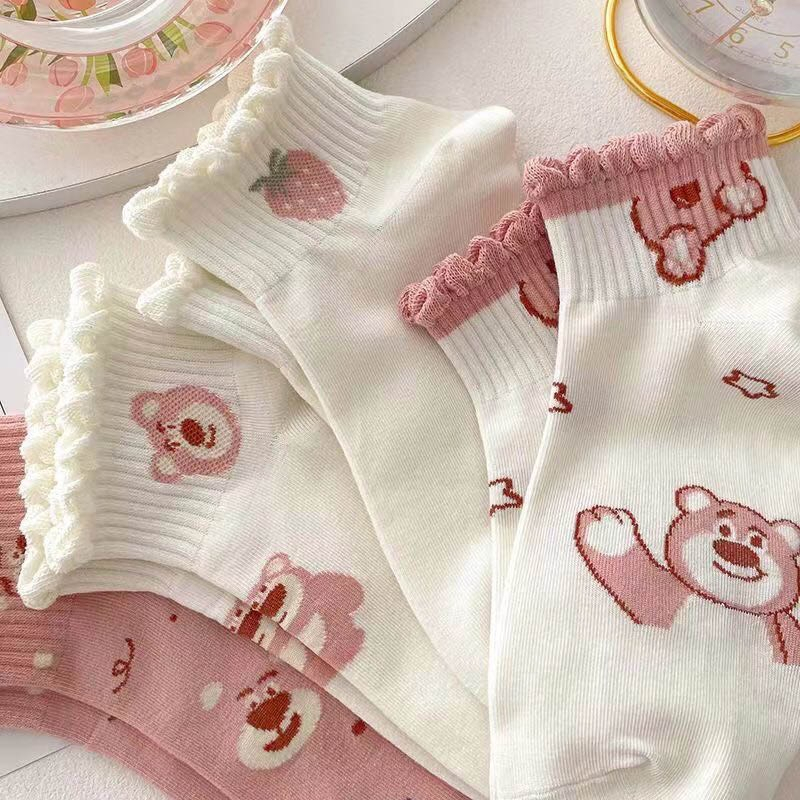 Sét 10 đôi tất nữ gấu hồng CỔ NHÚN BÈO xinh chất cotton đẹp