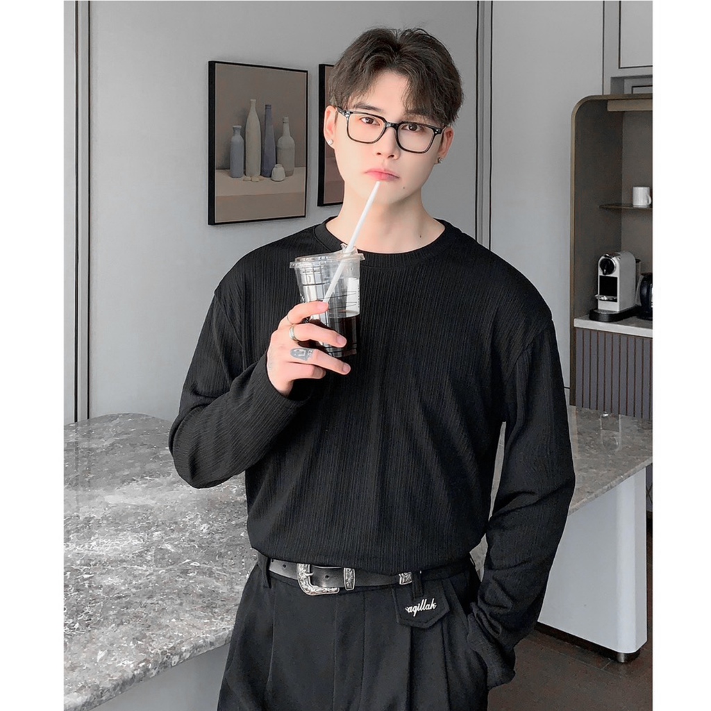 Áo thun nam cổ tròn tay dài tăm gân dọc AUT thu đông