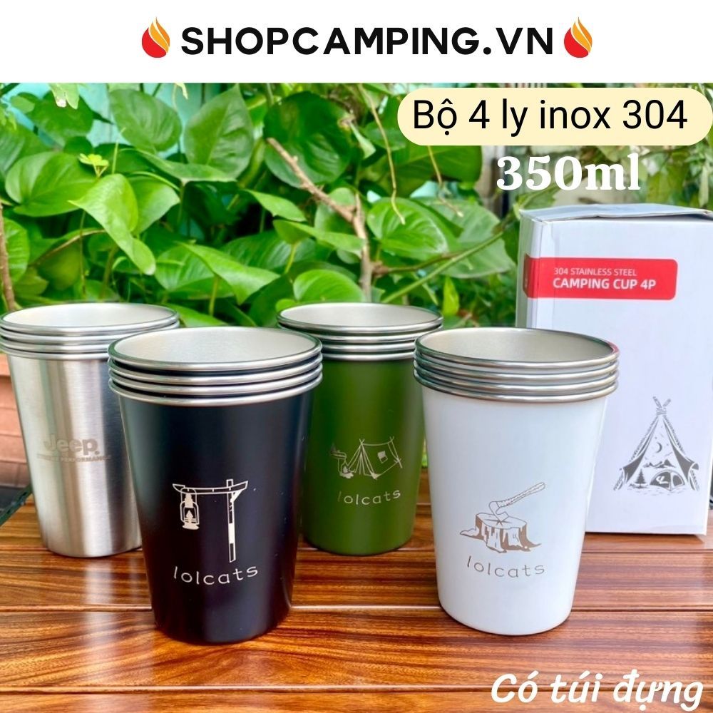 Bộ 4 ly inox 304 cao cấp 350ml có túi đựng, set ly cốc uống nước xếp gọn cắm trại dã ngoại - Camping VietNam