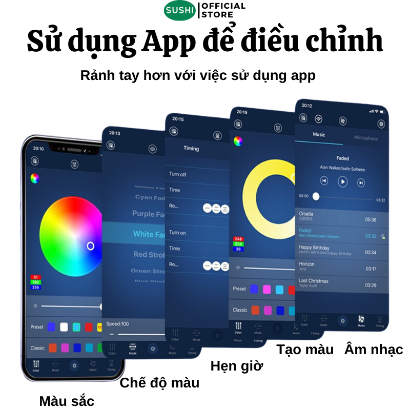 Dây Đèn Led Sushi 16 Triệu Màu Nháy Theo Nhạc