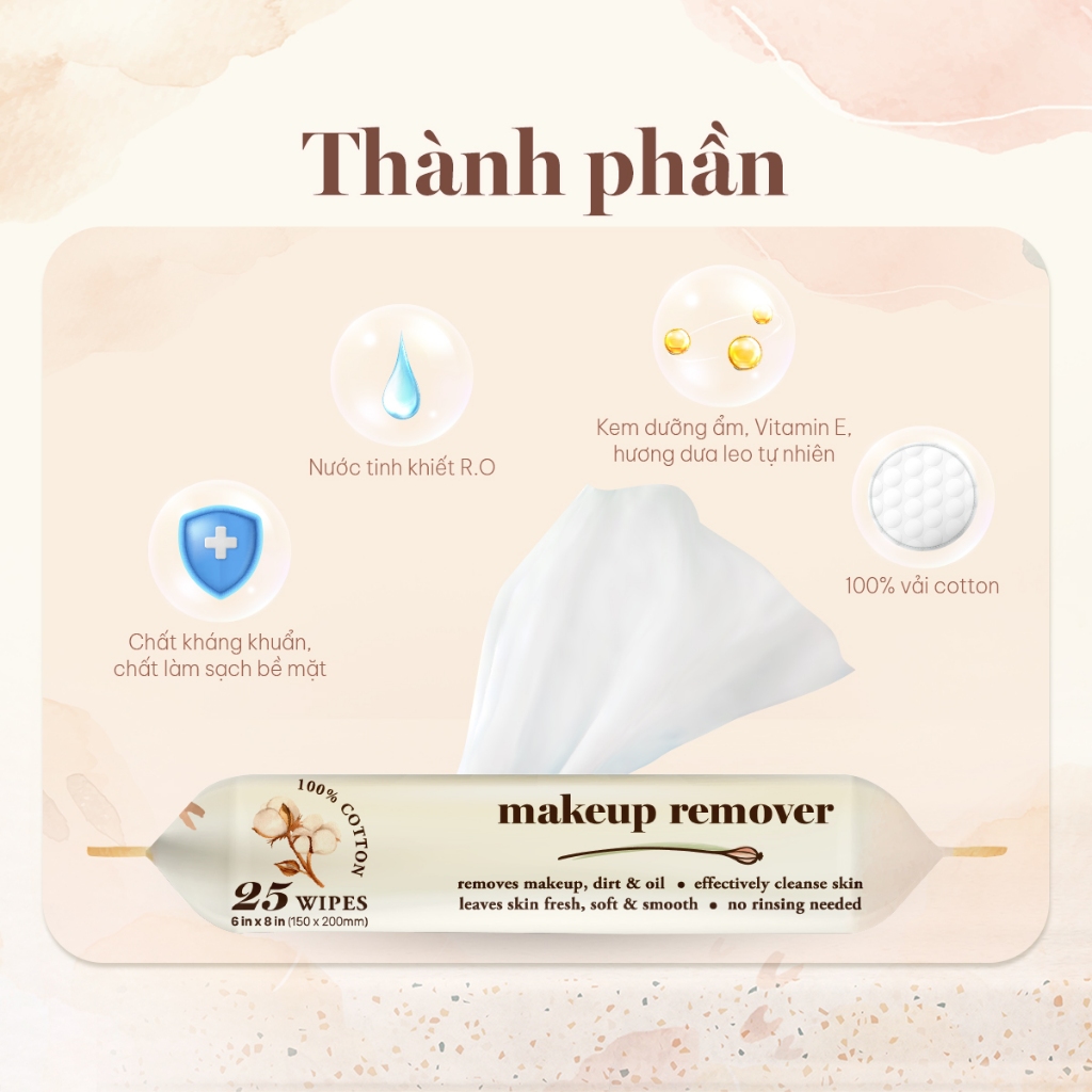 Khăn tẩy trang cao cấp Makeup Remover gói 25 tờ làm sạch lớp trang điểm nhanh chóng