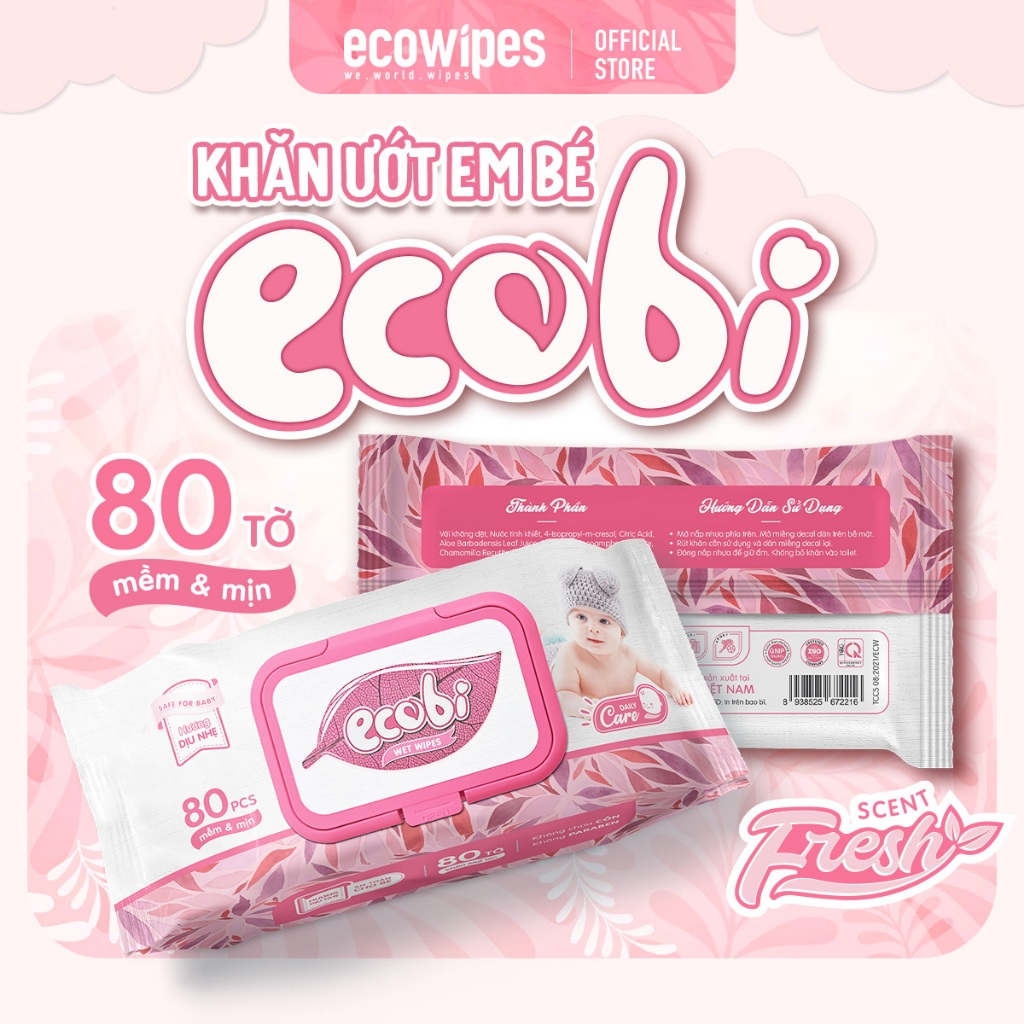 Khăn ướt cao cấp an toàn cho bé Ecobi EcoWipes gói 80 tờ - Hương dịu nhẹ,, không cồn, không paraben