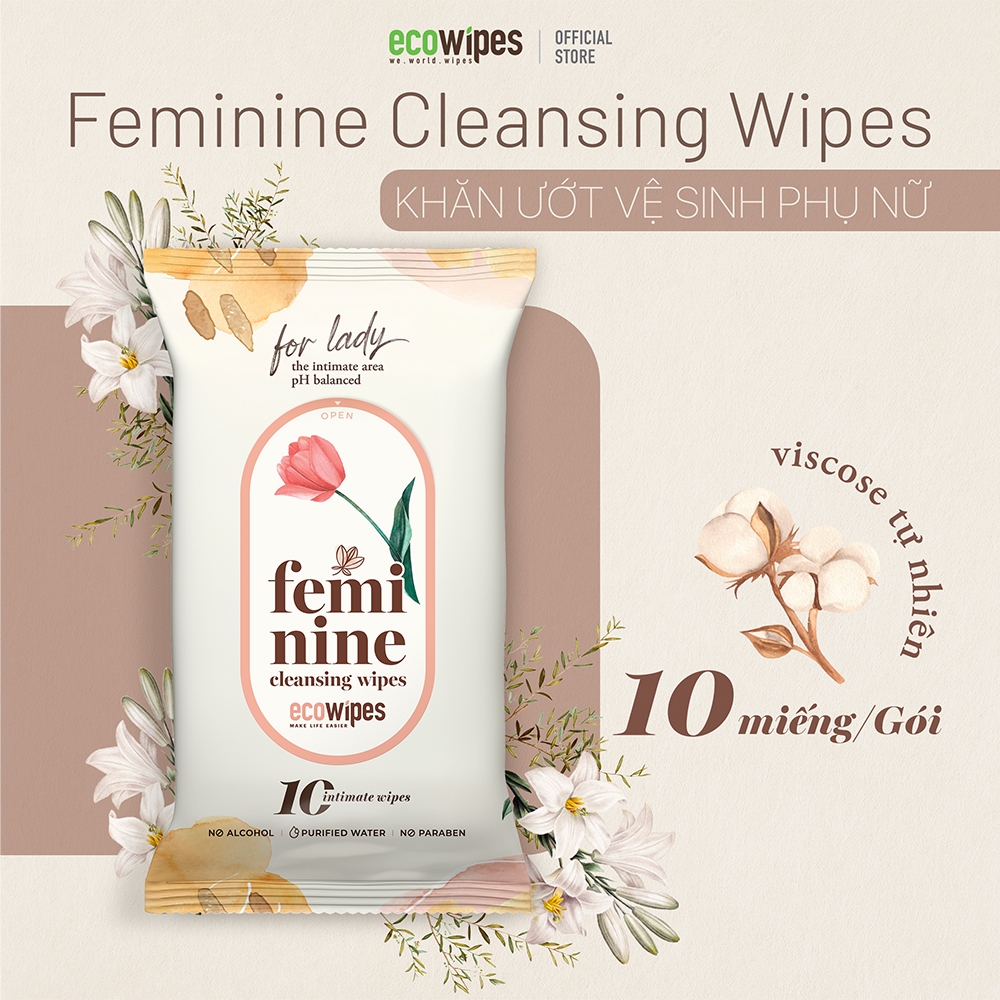 Khăn ướt vệ sinh vùng kín phụ nữ EcoWipes gói 10 tờ hương Daisy size 15x20cm nhỏ gọn dễ bỏ túi