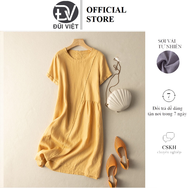Đầm suông linen ngắn tay dáng dài, chất vải linen mềm mát, thời trang xuân hè Dv71
