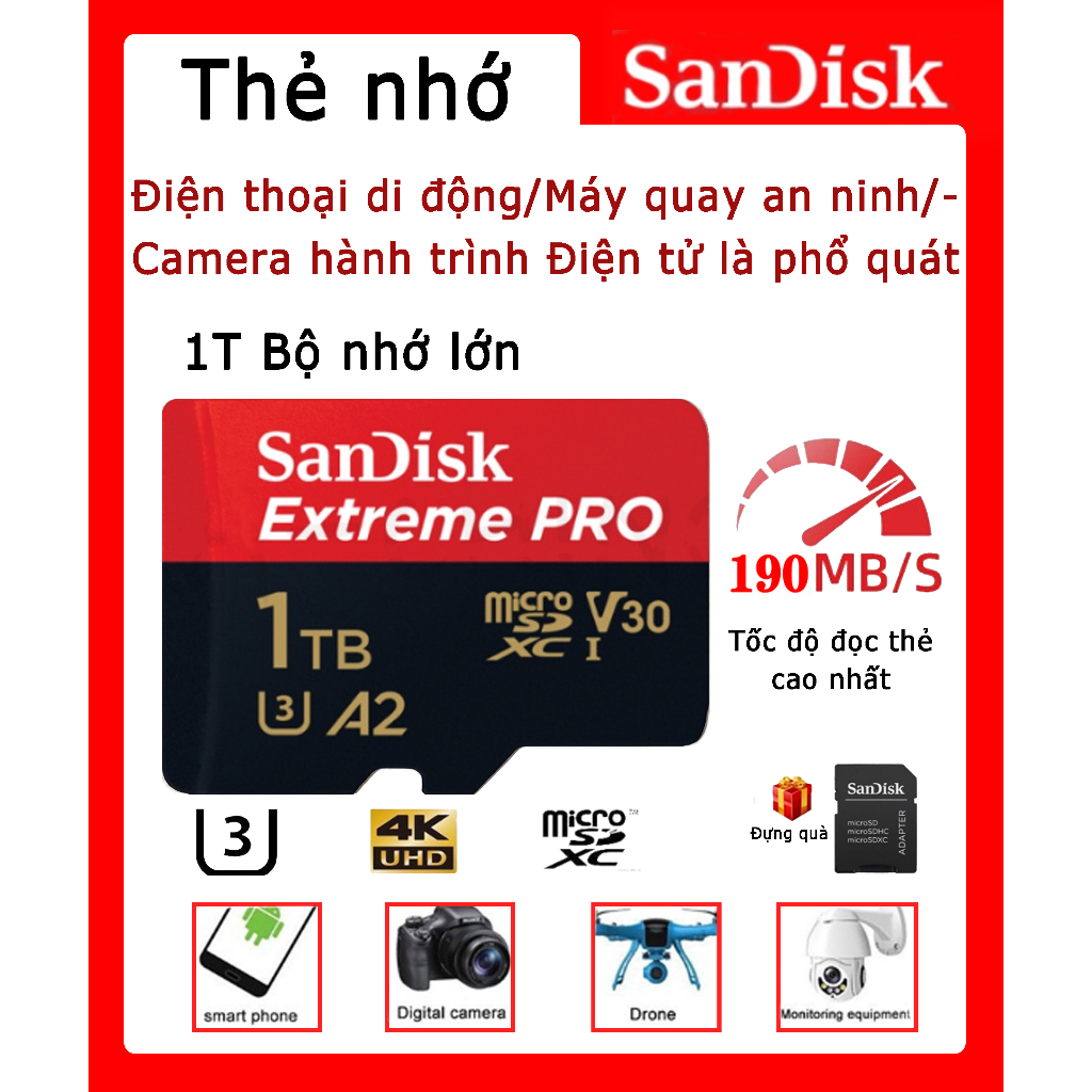 Thẻ nhớ A2sandisk SD Màu đỏ đen1TB Thẻ lưu trữ điện thoại di động A2—190MB/S Phù hợpTất cả các loại thiết bị kỹ thuật số