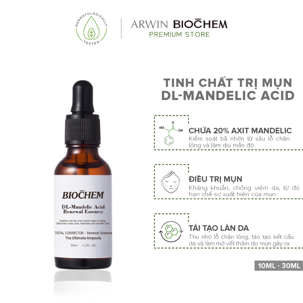 Tinh chất Ampoule AHA Mandelic Acid 20% Biochem ngừa mụn, giảm thâm nám, làm sáng da (10ml & 30ml)