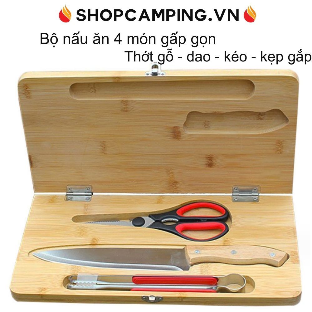 Bộ thớt gỗ tre 4 món gấp gọn, set dụng cụ nấu ăn dã ngoại, cắm trại, du lịch - Camping VietNam