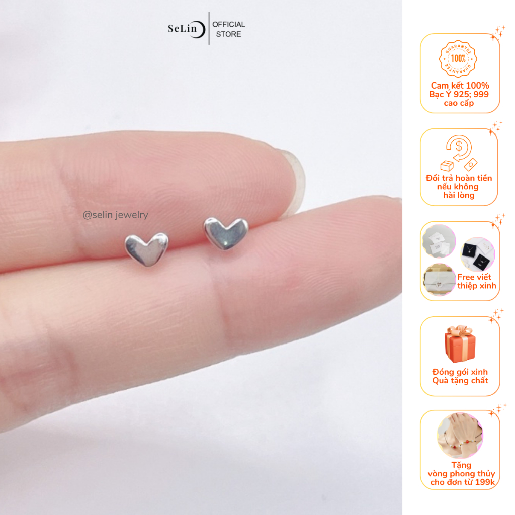 Bông tai bạc khuyên tai bạc nữ 925 hình trái tim đơn giản nhỏ xinh SELIN JEWELRY - 0135