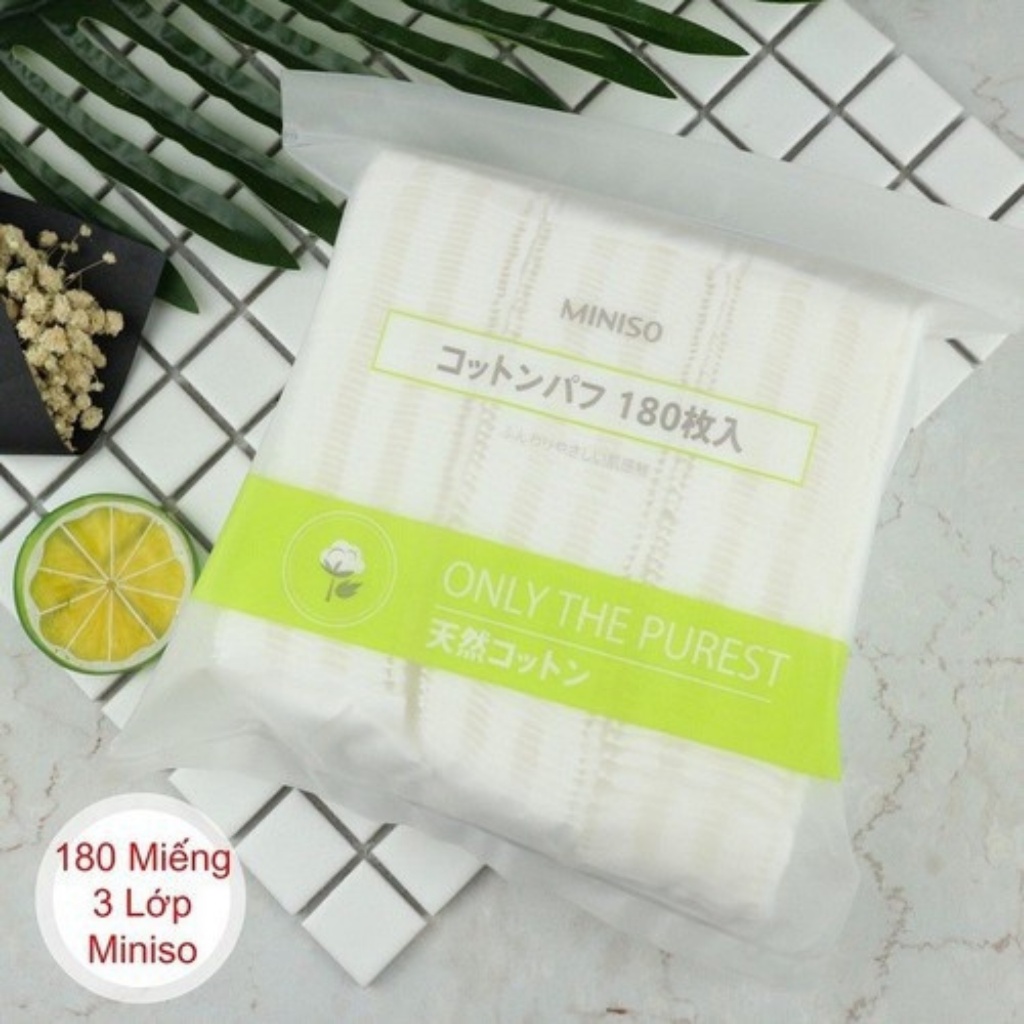 Bông tẩy trang Miniso Nhật Bản 180 miếng, 3 lớp dày dặn