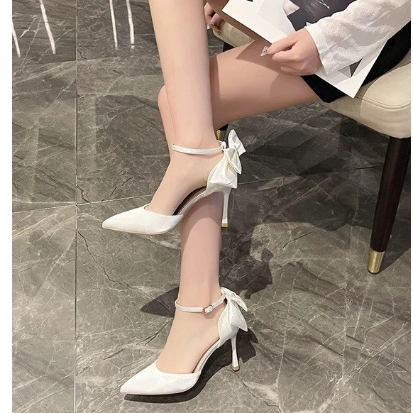 Giày Cao Gót Nữ 8P Gót Nhọn Gắn Nơ Siêu Đẹp XGC93