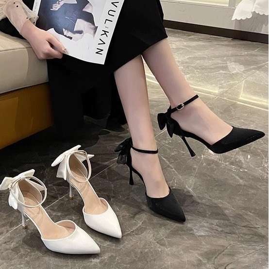 Giày Cao Gót Nữ 8P Gót Nhọn Gắn Nơ Siêu Đẹp XGC93