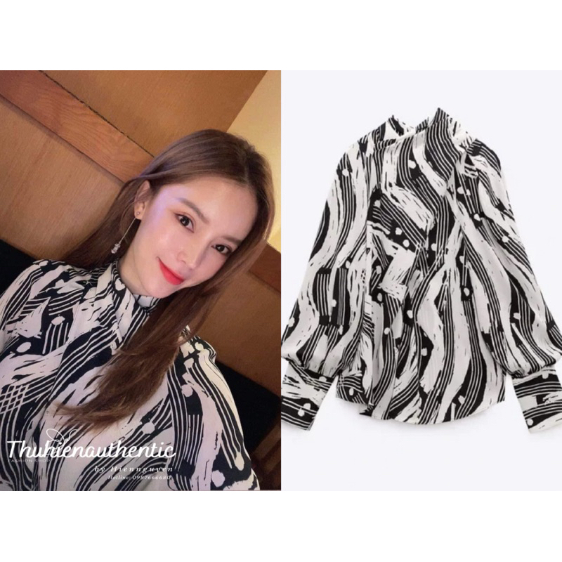 Áo kiểu sơ mi thắt nơ cổ tranh sóng màu đen trắng mã code: 9479/246/p64 phiên bản giới hạn ZARA chính hãng(kèm ảnh thật)