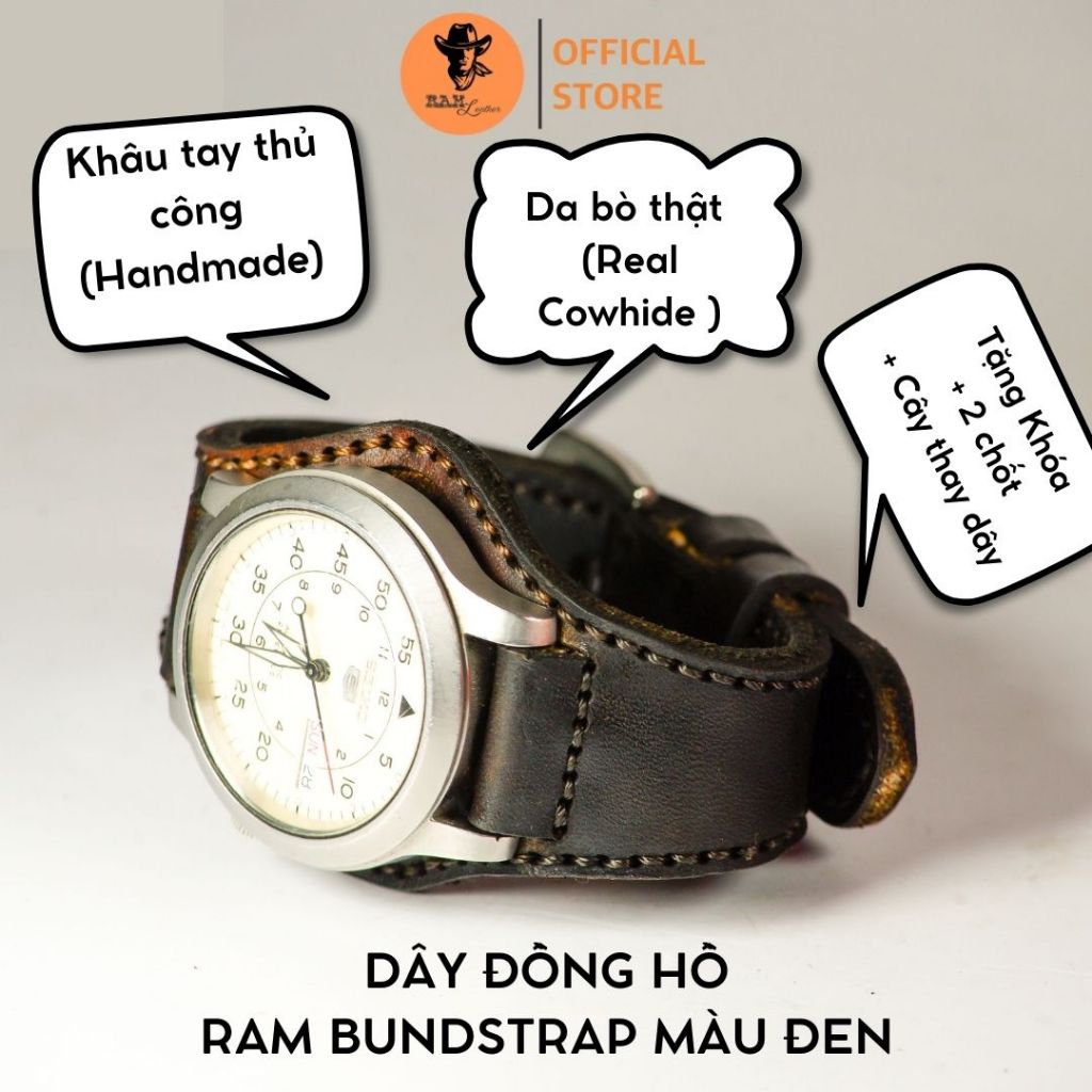Dây Đồng Hồ Da Thật RAM Leather BX22 Da Bò Đen Tuyền Bền Đẹp