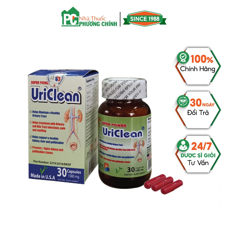 Super Power UriClean - Làm Tan Sỏi Thận, Gan, Mật, Tăng Sức Khỏe Tiết Niệu (Hộp 30 Viên)