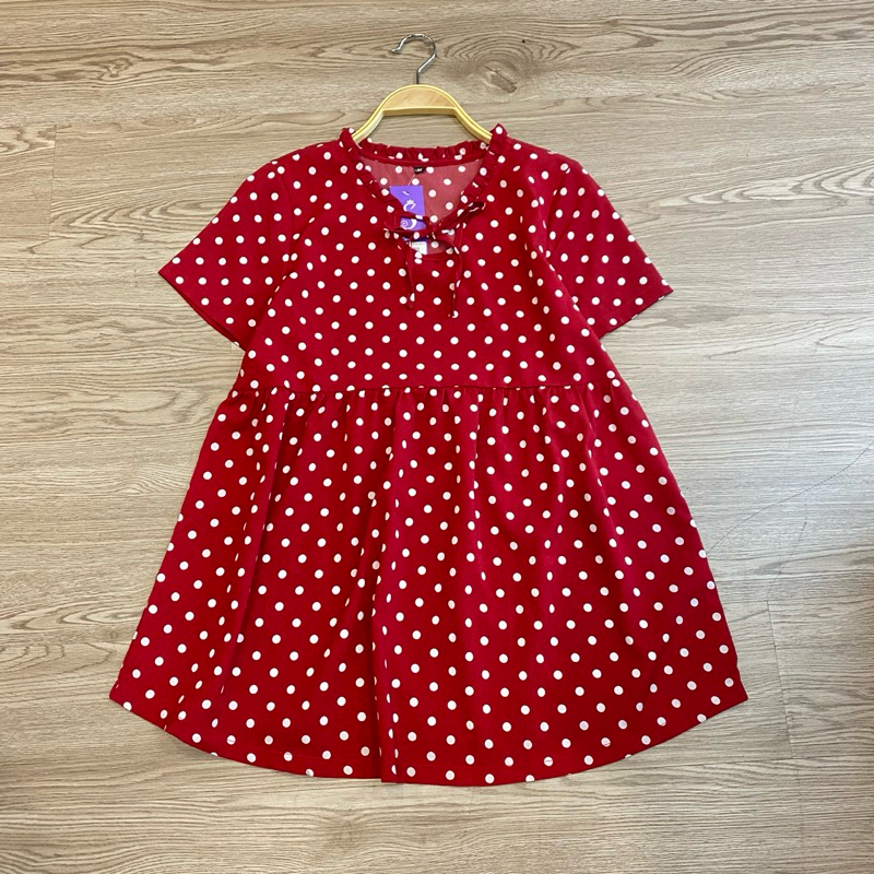 ( 45-75kg) Áo bầu ngắn tay chấm bi baby doll cổ thắt nơ
