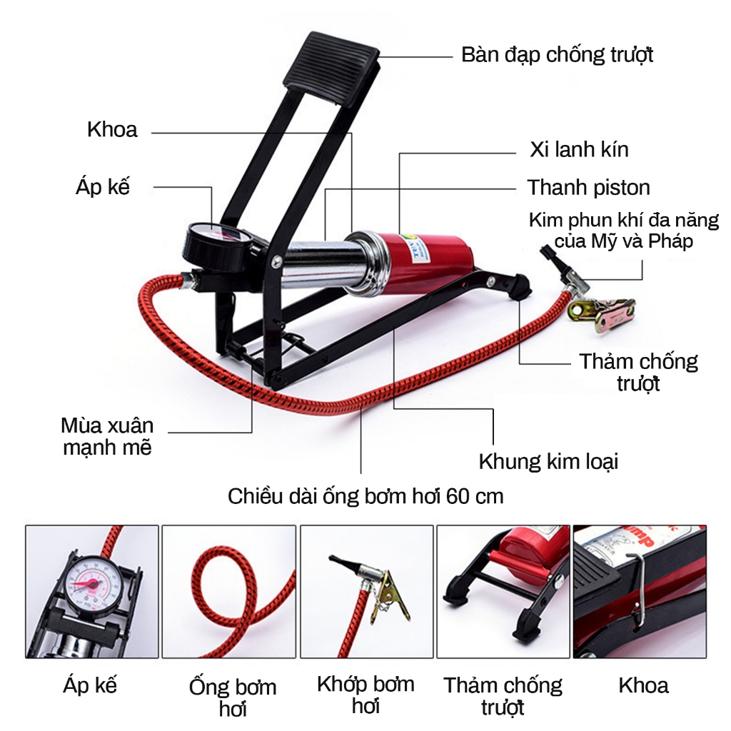 VIETVAN Bơm đạp chân mini dành cho mọi loại xe có đồng hồ hiển thị số kg hơi - bơm ô tô- XE MÁY, Phao, Bóng