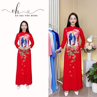Áo dài lụa in 6d hình đức mẹ màu đỏ mã ad03