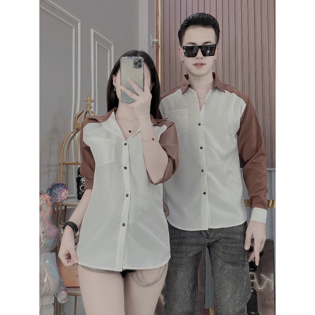 Áo sơ mi tay dài chất  vải cotton lạnh dày dặn phối màu kiểu dáng hàn quốc